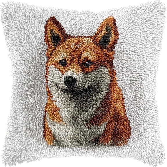 Shiba Inu Latch Hook Pillow Kits DIY Pillowcase Crochet Hook Cushion Making Kits with Preprinted Pattern Canvas Instruction Yarns Pillow Cover Easy Starter Kits 43x43cmO53)
