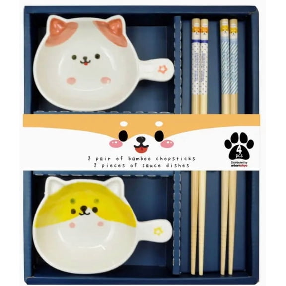 Shiba Inu Pair Wooden Chopsticks and Small Dish Gift Set