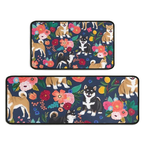 Shiba Inu and Pioneer Flower Kitchen Rugs Sets Of 2,Anti Fatigue Kitchen Mat Rugs Non Slip Washable,Decorative Kitchen Floor Mats for Kitchen,Sink,Laundry,17"X30"+17"X47"