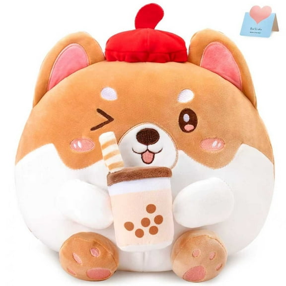 Shiba Inu Plush Pillow Cute Plushie with Milk Tea Squishy Toy,Creative Decorations for Children's Room,Birthday&Halloween&Christmas for Toddler Kids Boys Girls, 12''