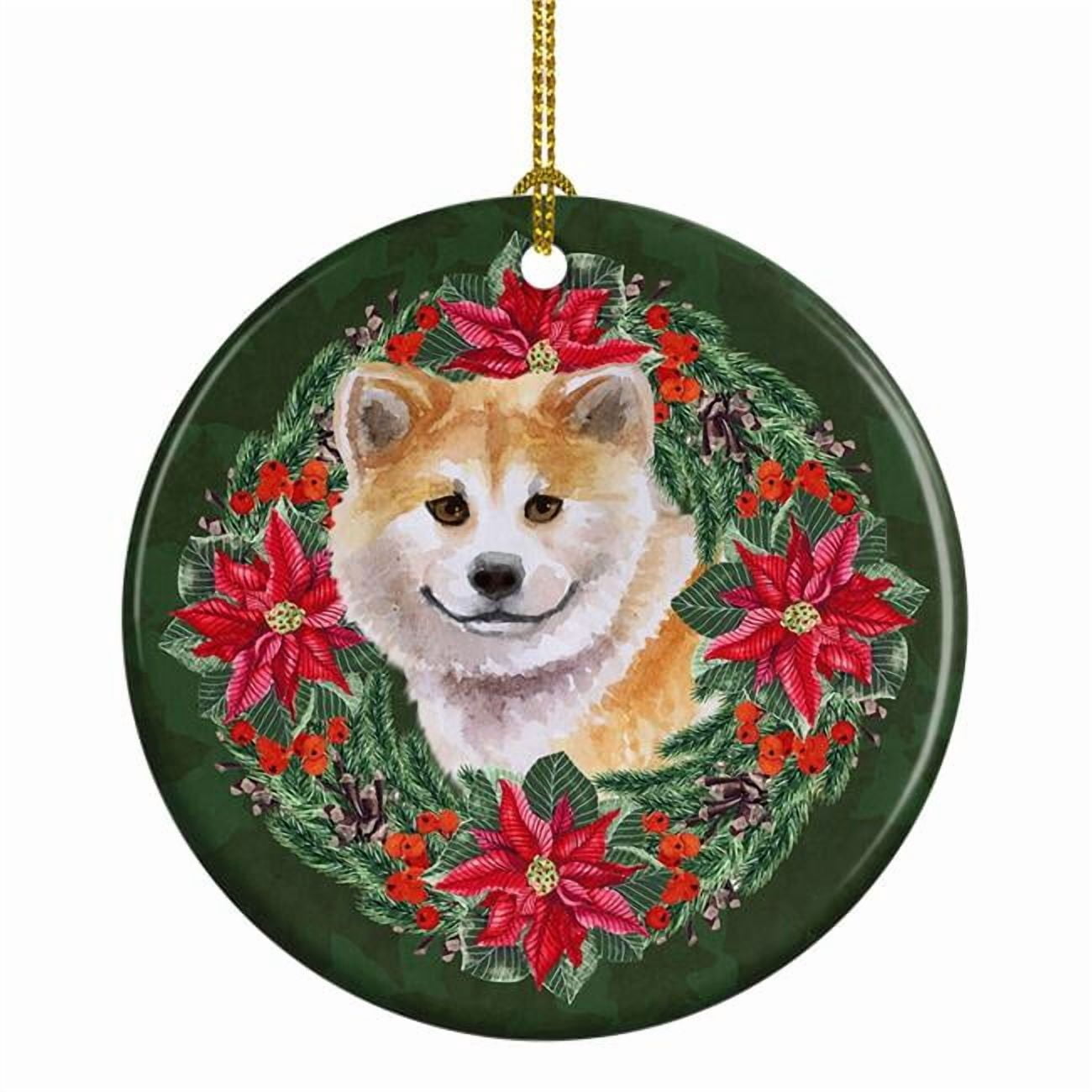 Shiba Inu Poinsetta Wreath Ceramic Ornament 2.8 in x 2.8 in