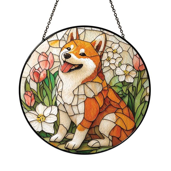 Shiba Inu Sitting Pose Stained Glass Style Window Decor Suncatcher, Warm Home Accent Gift for Dog Fans