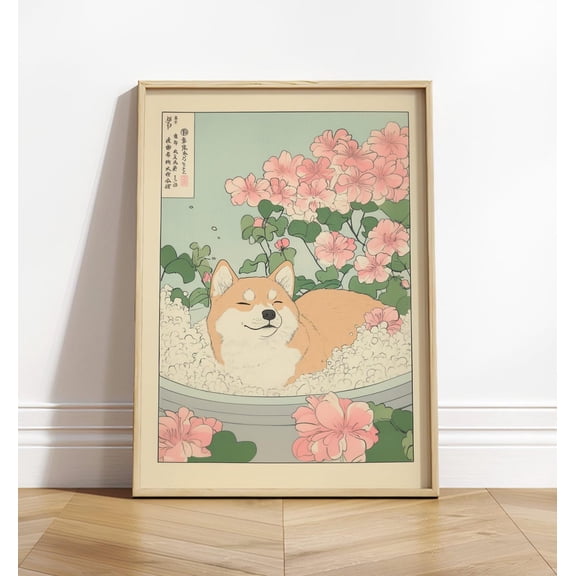 Shiba Inu Ukiyo e Japanese Bathroom Art, Unframed Paper Poster 8x10in