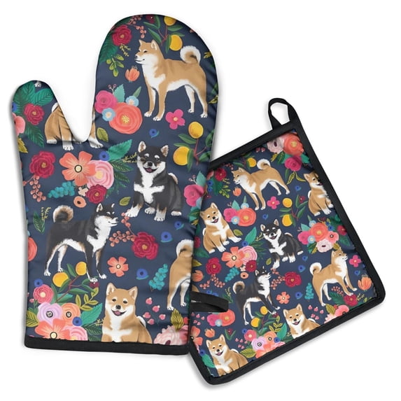 Shiba Inu and Flowers Kitchen Oven Mitt and Pot Holder Sets 2 Pcs for Baking, Cooking and Grilling, Heat Resistant Up To 392 °F