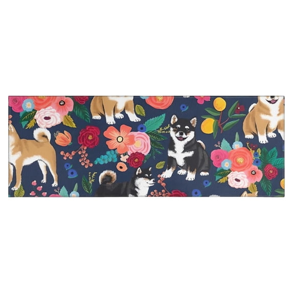 Shiba Inu and Pioneer Flower Kitchen Rug Mat,Kitchen Runner Rugs Non Skid Washable,Decorative Kitchen Floor Mats for Kitchen,Sink,Laundry,17"X47"