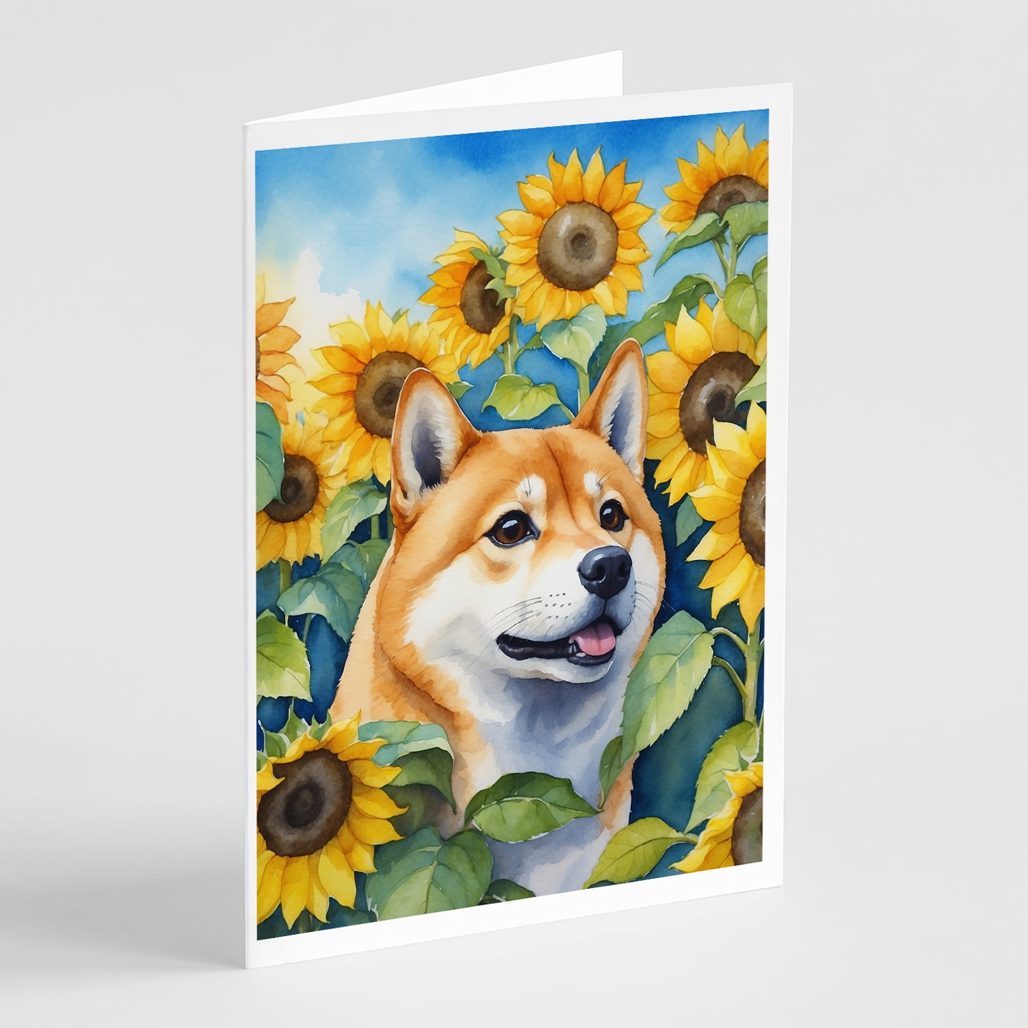 Shiba Inu in Sunflowers Greeting Cards Pack of 8 7 in x 5 in