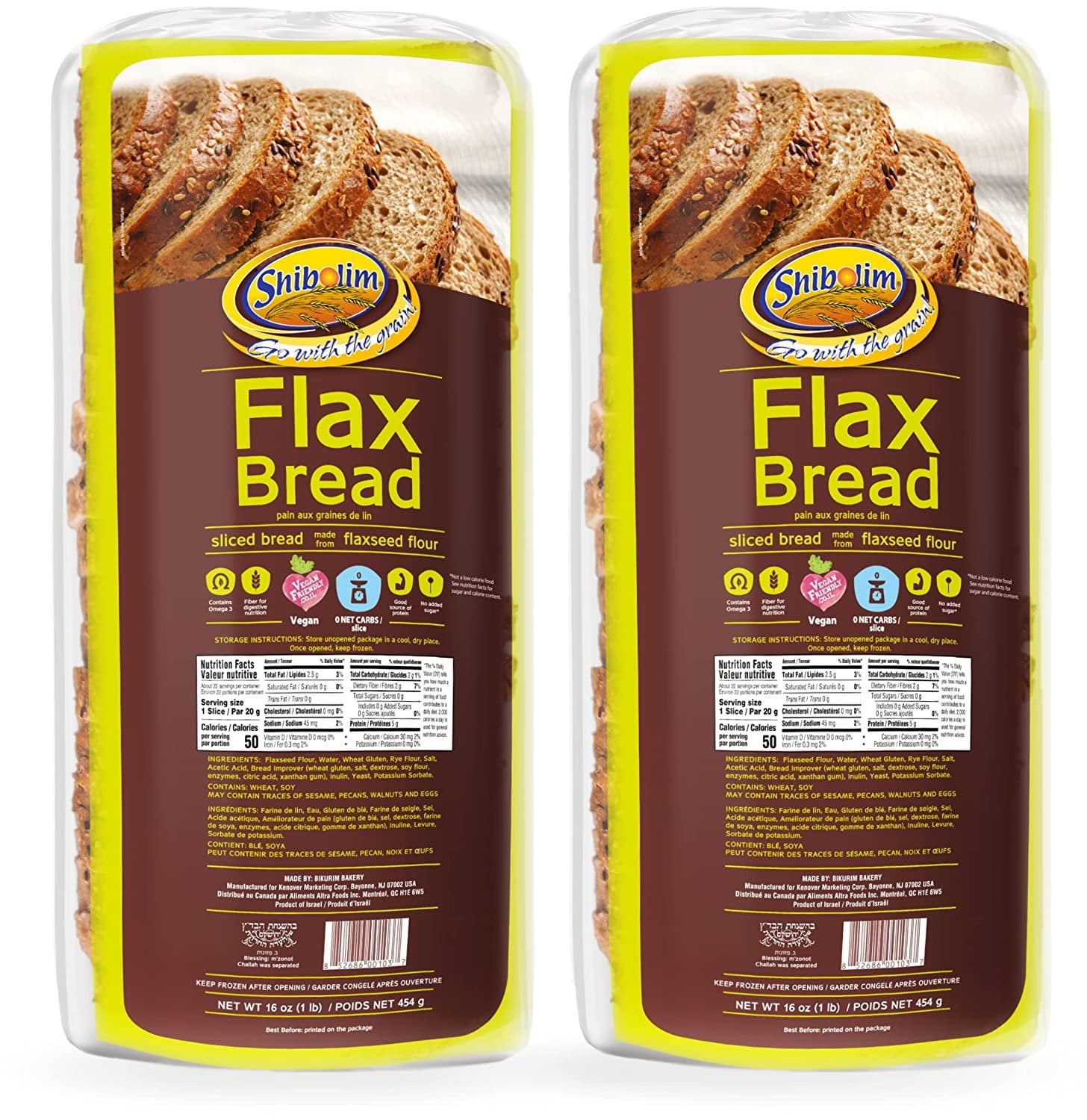 Shibolim FlaxSeed Bread 1lb 2 Pack Low Carb, Zero Net Carbs Per Serving