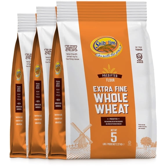 Shibolim Stone Ground Extra Fine Whole Wheat Flour, (3x5lb Bags =15 Pounds) | Triple Sifted Flour | 100% Whole Grain | Certified Kosher