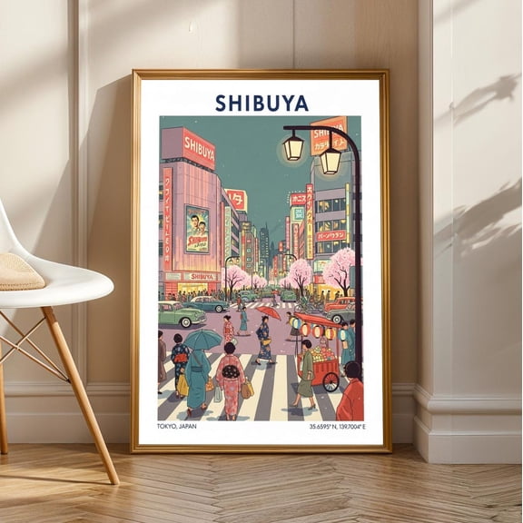 Shibuya Tokyo Neon Art Print: Retro Japanese Cityscape Illustration, Unframed Poster Size 12x18