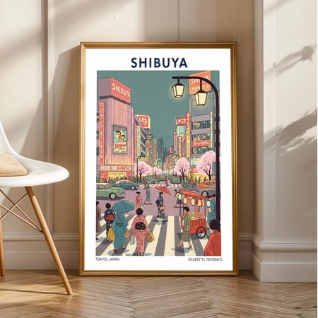 Shibuya Tokyo Neon Art Print: Retro Japanese Cityscape Illustration
