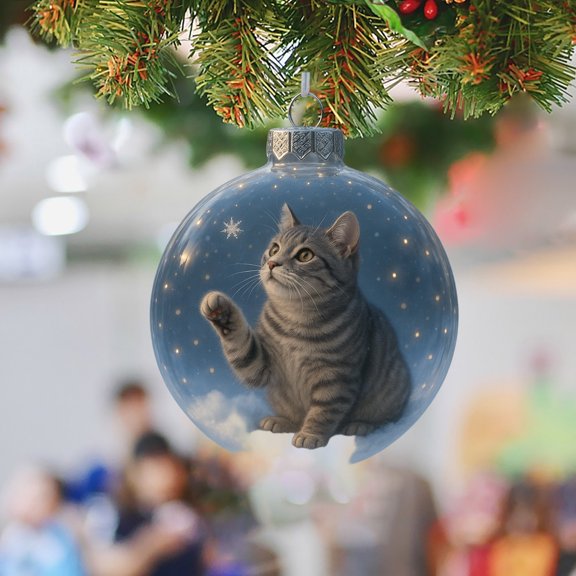Shichewer Christmas Ornaments, Cute Cat Clear Christmas Ornaments Balls, Vivid 3D Snow Globe Figurines with Winter Animal Designs - Fall Winter Home Decor