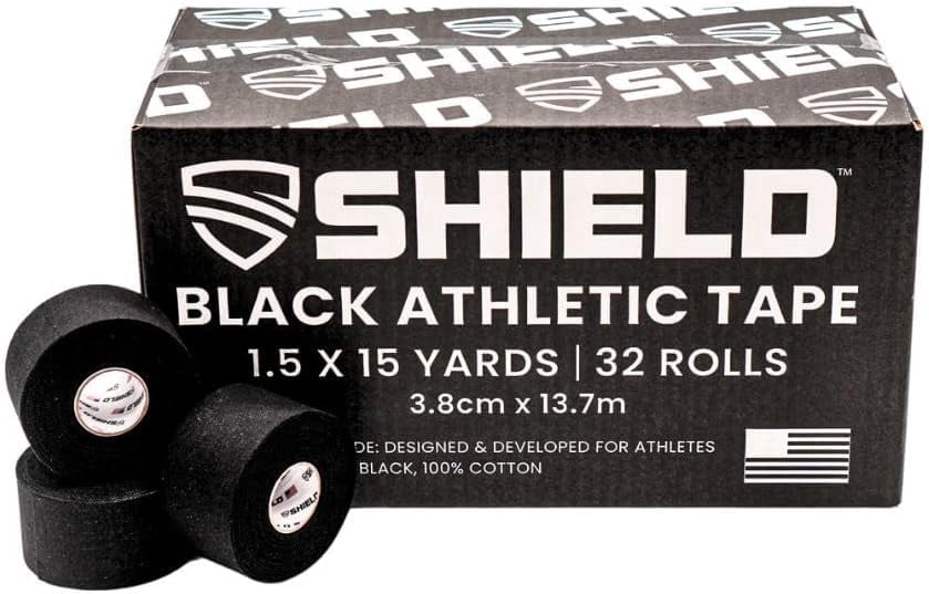 Shield Fitness Athletic Tape Case - 1.5"x 45', Made in USA | 32 Roll Black Bulk Pack
