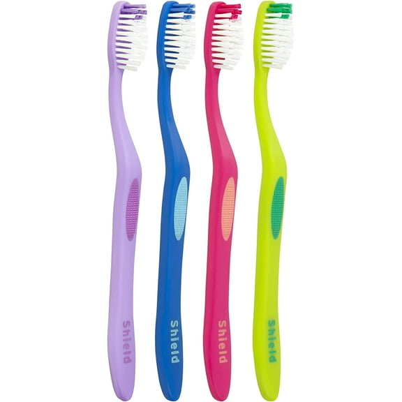 Shield Care Righto Toothbrush with Elongated Neck (Family Care - Soft Bristles), 4 Colors – 4 Count (Pack of 1)