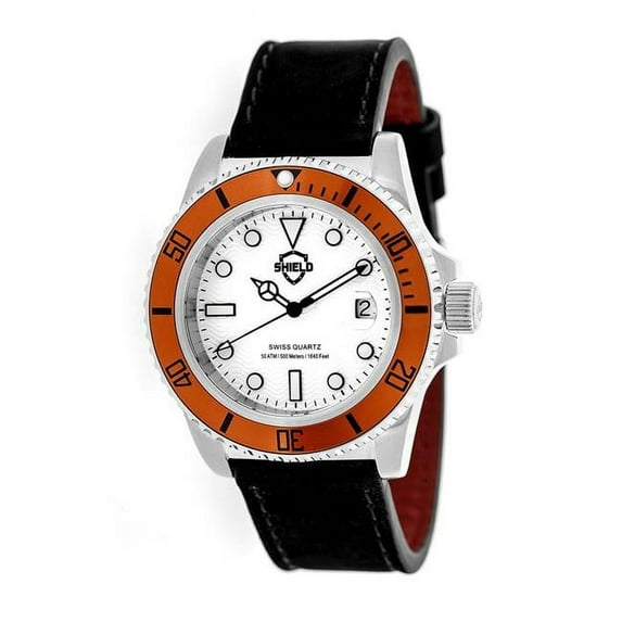 Shield Cousteau Leather-Band Pro-Diver Swiss Watch W/Date - Silver/White/Orange