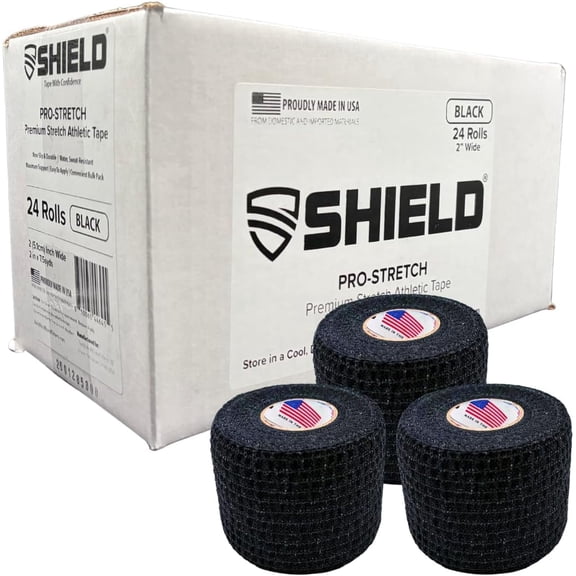 Shield Pro-Stretch Premium Elastic Athletic Tape - 2 Inch Black 24 Roll Case - Elastic Sports Tape for Training Support Tape for Teams Clinics and Athletic Trainers (540 Total Stretch feet)