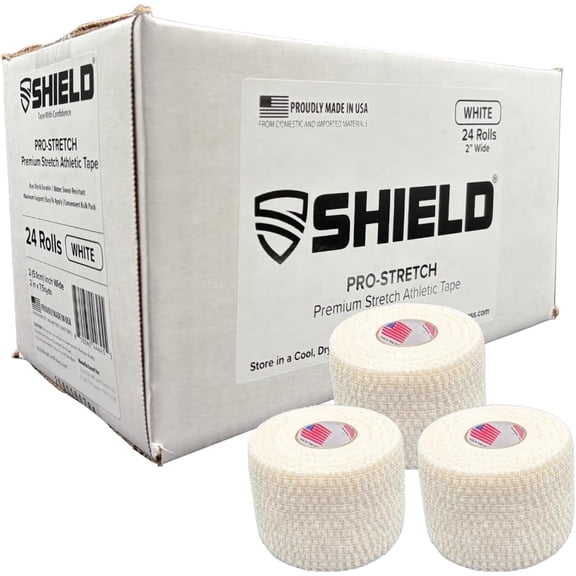 Shield Pro-Stretch Premium Elastic Athletic Tape - 2 Inch White 24 Roll Case - Elastic Sports Tape for Training Support Tape for Teams Clinics and Athletic Trainers (540 Total Stretch feet)