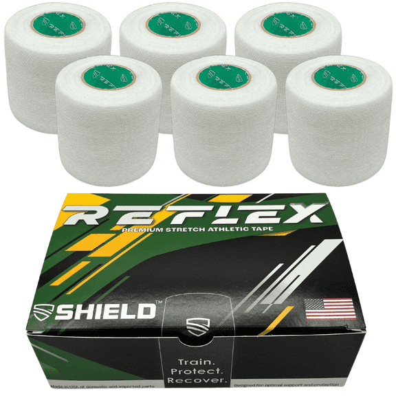 Shield Reflex | Stretch Athletic Tape, Tear by Hand, Made in USA, Thin, Flexible, Elastic Sports Tape, Spatting Football Tape 6 Pack (Arctic White, 2 Inch)