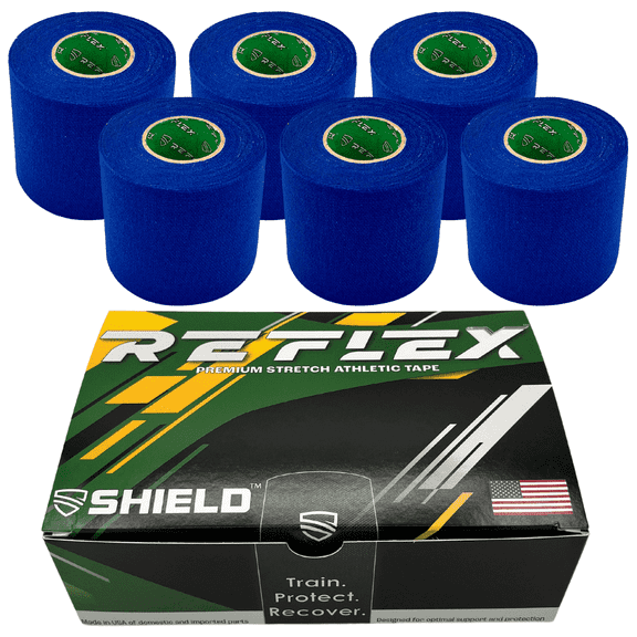 Shield Reflex | Stretch Athletic Tape, Tear by Hand, Made in USA, Thin, Flexible, Elastic Sports Tape, Spatting Football Tape 6 Pack (Midnight Blue, 2 Inch)
