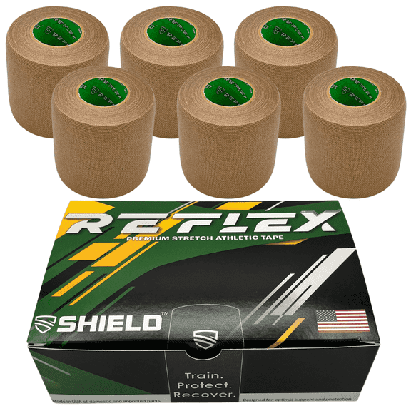 Shield Reflex | Stretch Athletic Tape, Tear by Hand, Made in USA, Thin, Flexible, Elastic Sports, Spatting Football, 6 Pack (Beach Beige, 2 Inch)