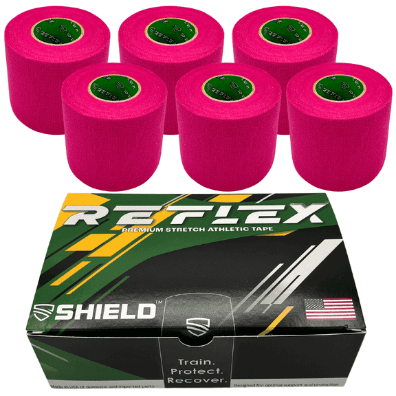 Shield Reflex | Stretch Athletic Tape, Tear by Hand, Made in USA, Thin, Flexible, Elastic Sports, Spatting Football, 6 Pack (Neon Pink, 2 Inch)