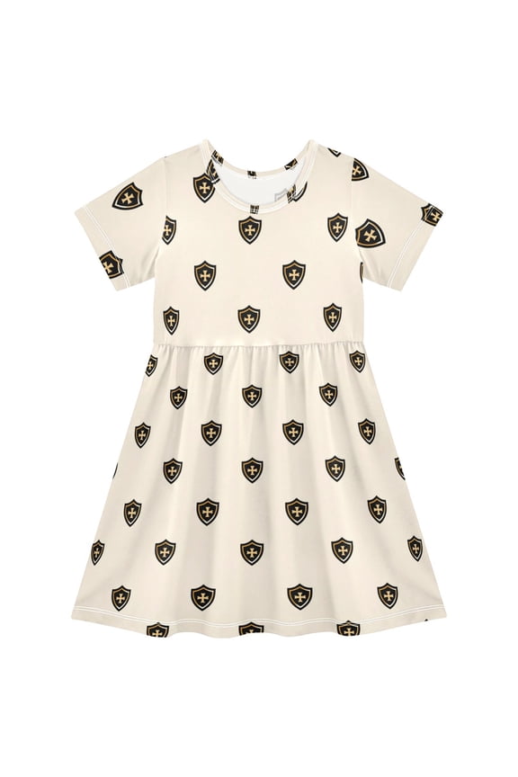 Shield Short Sleeve Dress A-Line Cute Midi Casual Sundress 2-8 Years