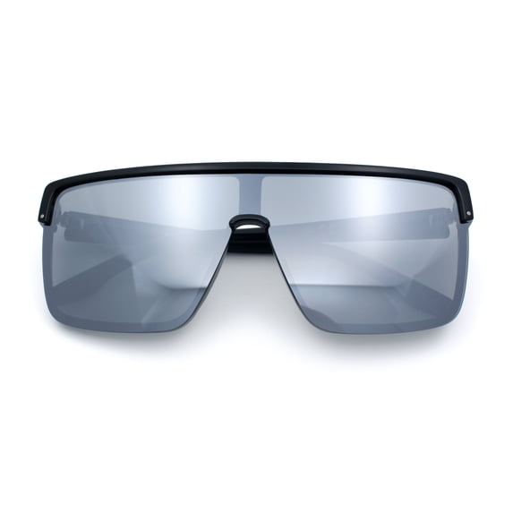 Shield Sunglasses for Men UV400 Mirrored Lens Oversized One-Piece Frame Futuristic Wraparound Style Black Frame - Silver Lens