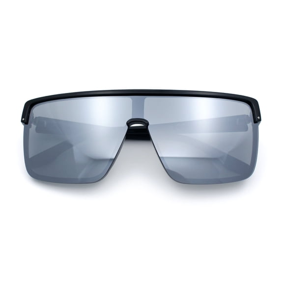 Shield Sunglasses for Men UV400 Mirrored Lens Oversized One-Piece Frame Futuristic Wraparound Style Black Frame - Silver Lens