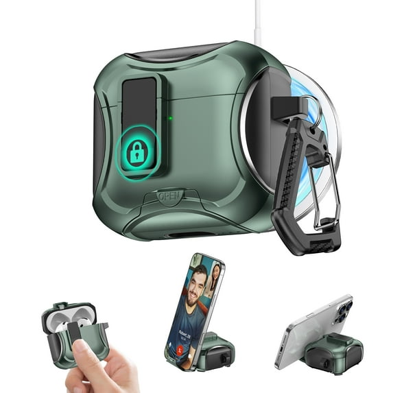 ShieldFlex for AirPods 4th Generation 2024 Case with Phone Stand, Compatible with Magsafe Wireless Charging, Magnetic Automatic Lock with Keychain,Green