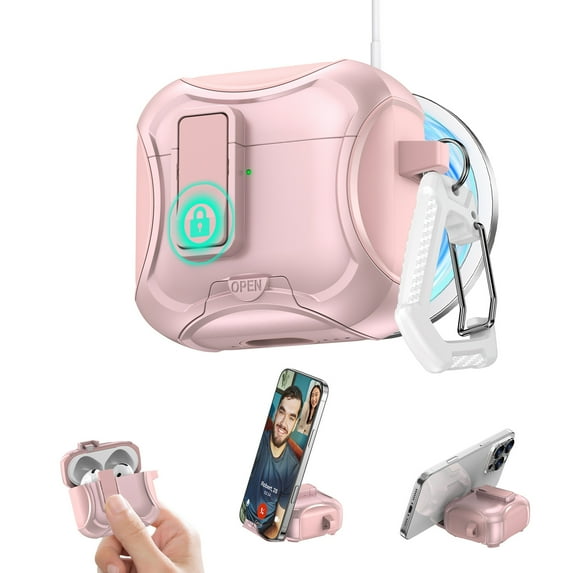 ShieldFlex for AirPods 4th Generation 2024 Case with Phone Stand, Compatible with Magsafe Wireless Charging, Magnetic Automatic Lock with Keychain,Pink