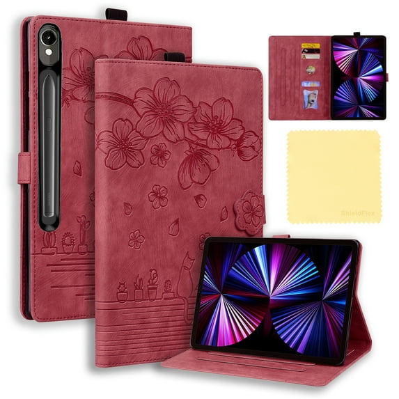 ShieldFlex Case for Samsung Galaxy Tab S10 FE Plus 13.1 Inch, Embossing PU Leather Folio Flip Stand Cover with Card Holder Stylus Loop for Galaxy Tab S10 FE+ 2025 SM-X620/X626,Winered