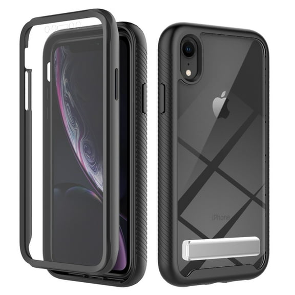 ShieldFlex Dual-Layer Phone Case for iPhone XR with Stand, Built-in Screen Protector Full Body Shockproof Rugged Clear Cover,Black