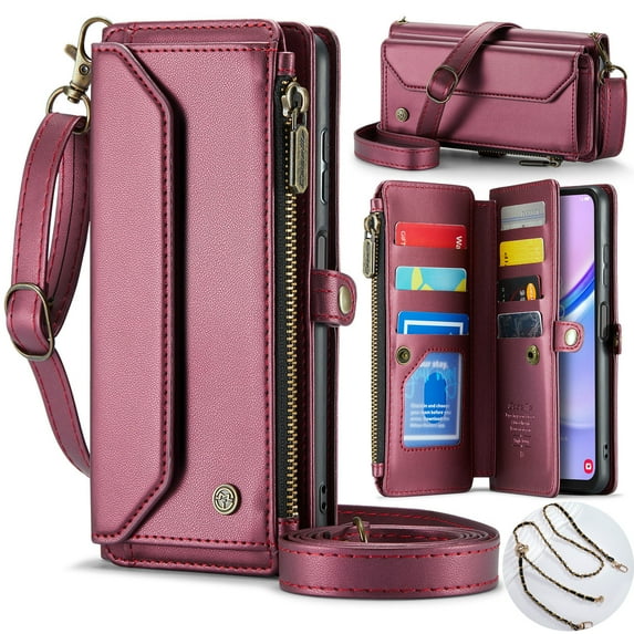 ShieldFlex For Galaxy A36 5G Case Wallet with RFID Blocking Card Holder for Women and Men, PU Leather Magnetic Snap Flip Zipper Strap Wallet Phone Case for Samsung Galaxy A36 5G, Winered