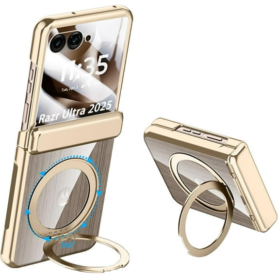 ShieldFlex Magnetic For Motorola Razr 2025 Case with Hinge Protection & Built-in Screen Protector & Ring Stand, Compatible with MagSafe, Shockproof Electroplated Frame Cover,Gold (Clear Back)
