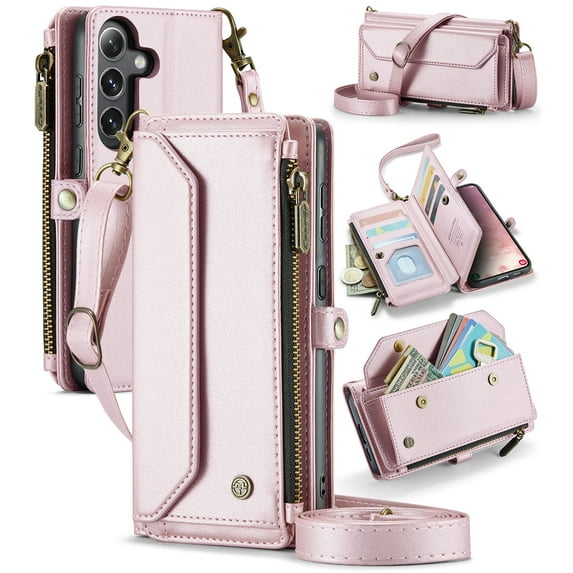 ShieldFlex for Samsung Galaxy S23 FE Wallet Case with 10 Card Slots Zipper Pocket,PU Leather Magnetic Flip Folio Wristlet Shoulder Strap S23 FE 5G Phone Case Wallet for Women Men,Pink