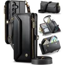 ShieldFlex for Samsung Galaxy S23 FE Wallet Case with 10 Card Slots Zipper Pocket,PU Leather Magnetic Flip Folio Wristlet Shoulder Strap S23 FE 5G Phone Case Wallet for Women Men,Black