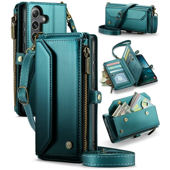 ShieldFlex for Samsung Galaxy S23 FE Wallet Case with 10 Card Slots Zipper Pocket,PU Leather Magnetic Flip Folio Wristlet Shoulder Strap S23 FE 5G Phone Case Wallet for Women Men,Green
