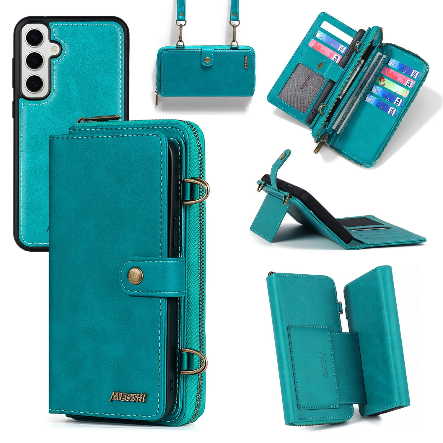 ShieldFlex Wallet Case Compatible with Samsung Galaxy S25 5G, 13-Card Holder Soft PU Leather Crossbody Wallet Zipper Pocket Magnetic Detachable Phone Cover Fit for Galaxy S25,Blue (3 IN 1)