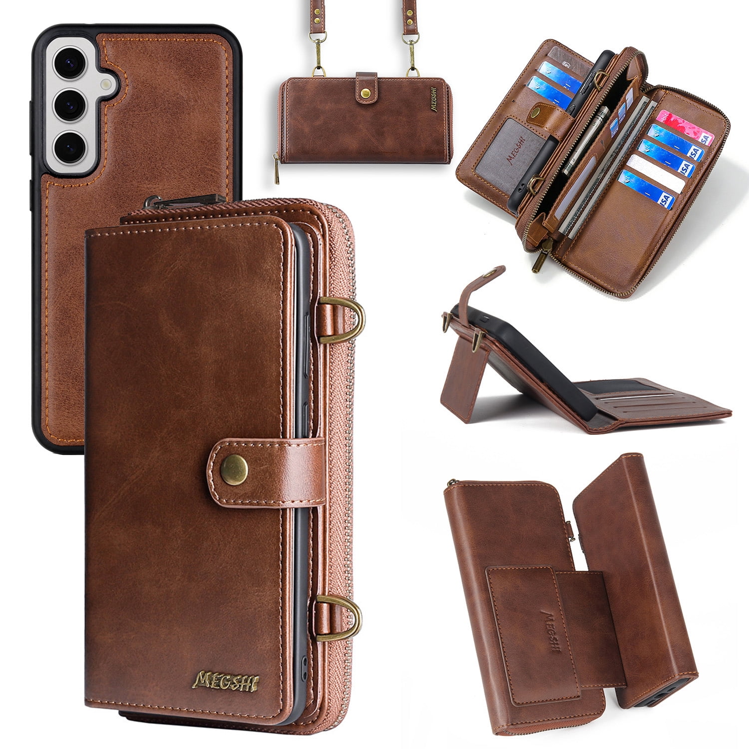 ShieldFlex Wallet Case Compatible with Samsung Galaxy S25 Plus 5G, 13-Card Holder Soft PU Leather Crossbody Wallet Zipper Pocket Magnetic Detachable Phone Cover Fit for Galaxy S25+,Brown (3 IN 1)