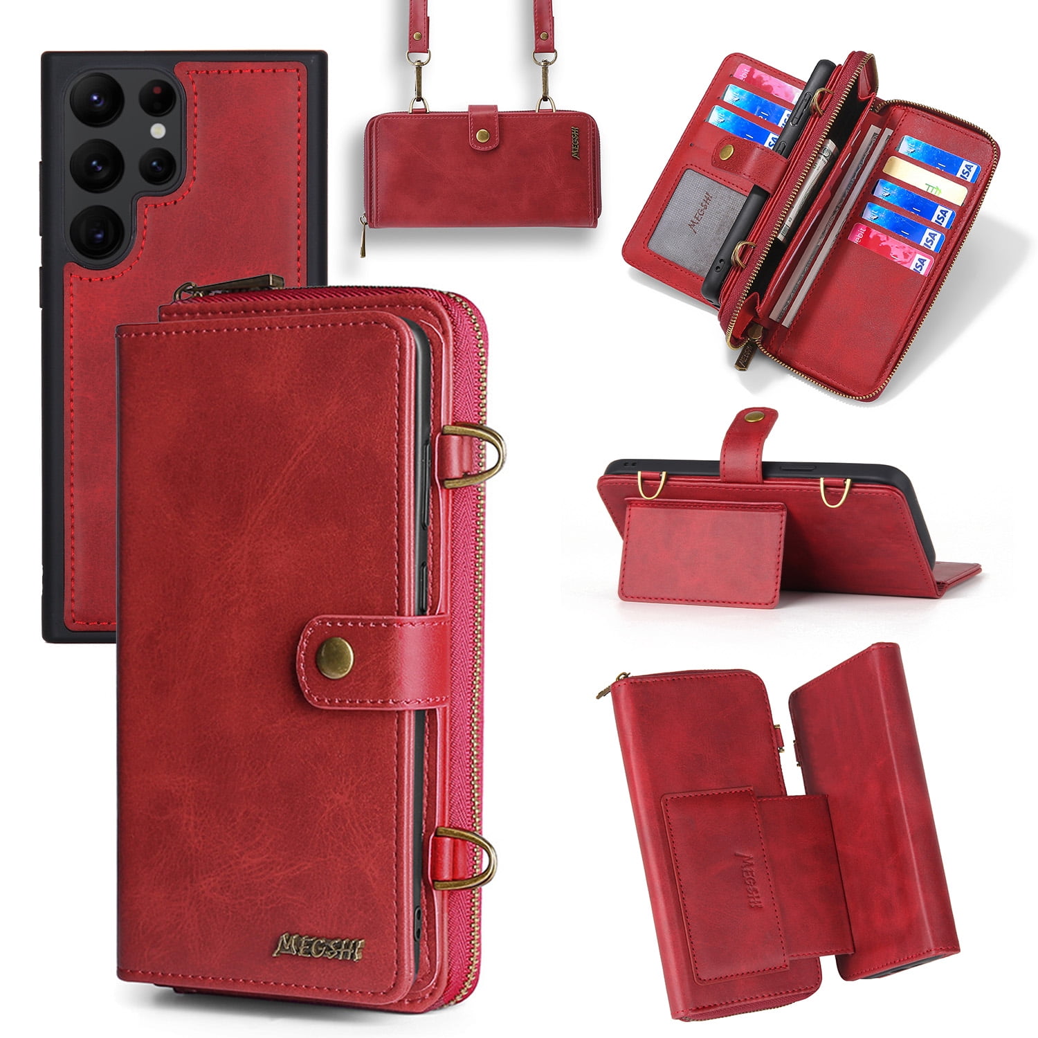 ShieldFlex Wallet Case Compatible with Samsung Galaxy S25 Ultra 5G, 13-Card Holder Soft PU Leather Crossbody Wallet Zipper Pocket Magnetic Detachable Phone Cover Fit for Galaxy S25 Ultra,Red (3 IN 1)