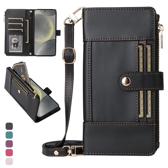 ShieldFlex Wallet Case for Samsung Galaxy S23 RFID Blocking 5-Card Holder Soft PU Leather Magnetic Snap Crossbody Shoulder Strap Zipper Pocket Phone Case,Black