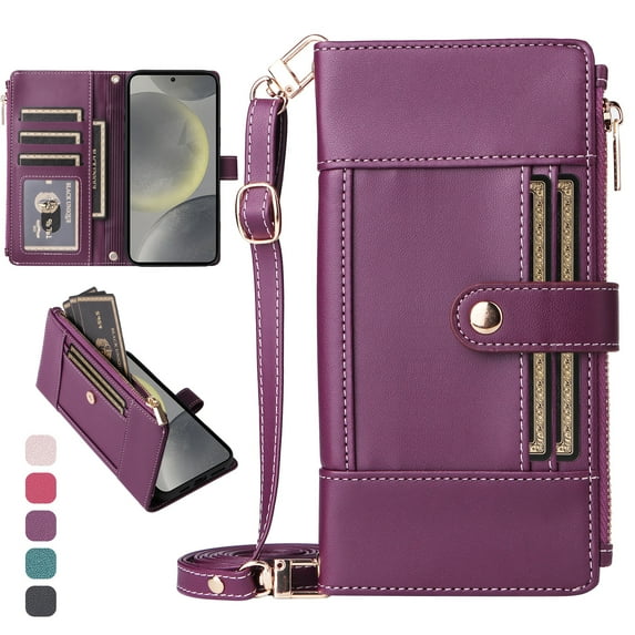 ShieldFlex Wallet Case for Samsung Galaxy S24 RFID Blocking 5-Card Holder Soft PU Leather Magnetic Snap Crossbody Shoulder Strap Zipper Pocket Phone Case,Purple