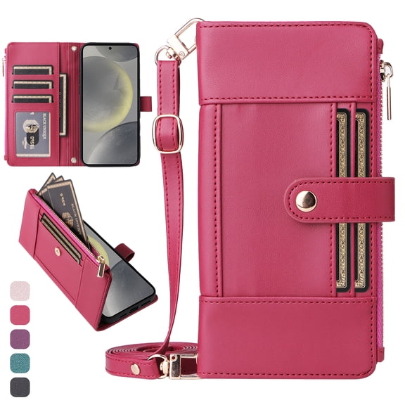ShieldFlex Wallet Case for iPhone 16 RFID Blocking 5-Card Holder Soft PU Leather Magnetic Snap Crossbody Shoulder Strap Zipper Pocket Phone Case,Red