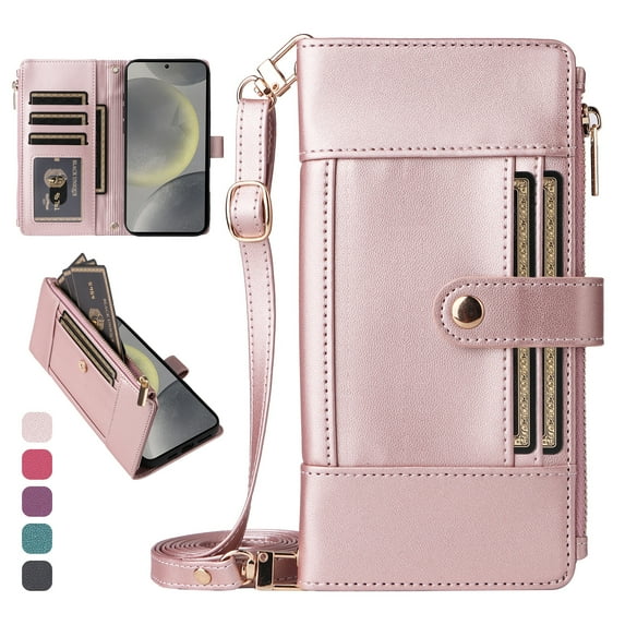 ShieldFlex Wallet Case for iPhone 12 Pro / 12 6.1" RFID Blocking 5-Card Holder Soft PU Leather Magnetic Snap Crossbody Shoulder Strap Zipper Pocket Phone Case,Rosegold