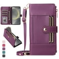 thumbnail image 1 of ShieldFlex Wallet Case for iPhone 15 RFID Blocking 5-Card Holder Soft PU Leather Magnetic Snap Crossbody Shoulder Strap Zipper Pocket Phone Case,Purple, 1 of 7
