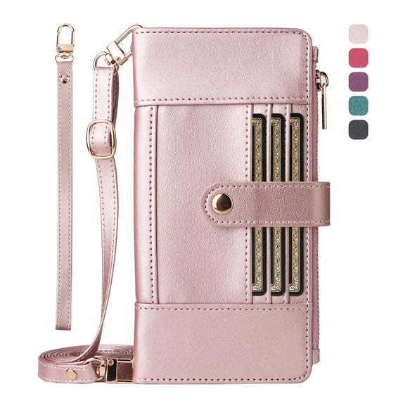 ShieldFlex Wallet Case for iPhone 16 Plus RFID Blocking 6-Card Holder Soft PU Leather Magnetic Snap Crossbody Shoulder Strap Zipper Pocket Phone Case,Rosegold