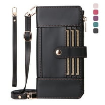 ShieldFlex Wallet Case for iPhone 16 Pro Max RFID Blocking 6-Card Holder Soft PU Leather Magnetic Snap Crossbody Shoulder Strap Zipper Pocket Phone Case,Black