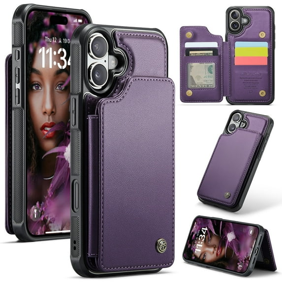 ShieldFlex for iPhone 16 Plus Case Wallet with RFID Blocking Card Holder, Premium PU Leather Durable Kickstand Case for iPhone 16 Plus 6.7",Purple