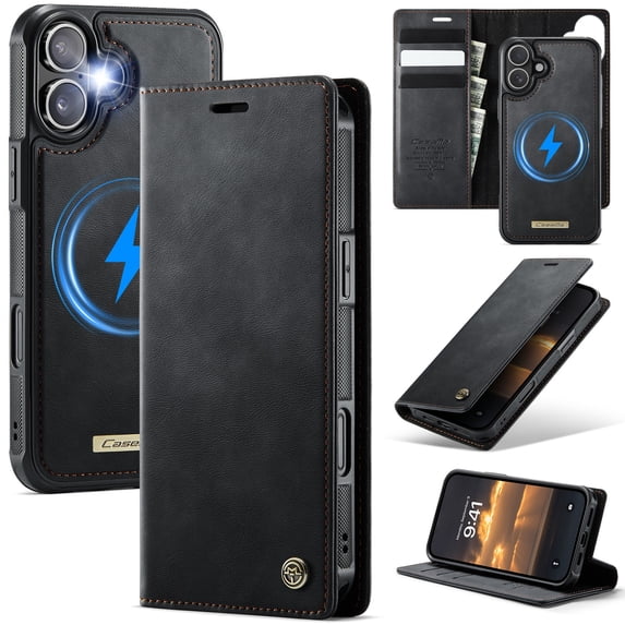 ShieldFlex for iPhone 16 Case Detachable Wallet Case with Card Holder, 2 in 1 PU Leather Flip Folio with RFID Blocking Stand Shockproof Phone Cover,Black