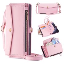 ShieldPlus Crossbody Wallet Case for iPhone 12 / 12 Pro 6.1 Inch, RFID Blocking Card Holder Leather Phone Case for Women Men Zipper Pocket with Wrist / Shoulder Strap,Pink
