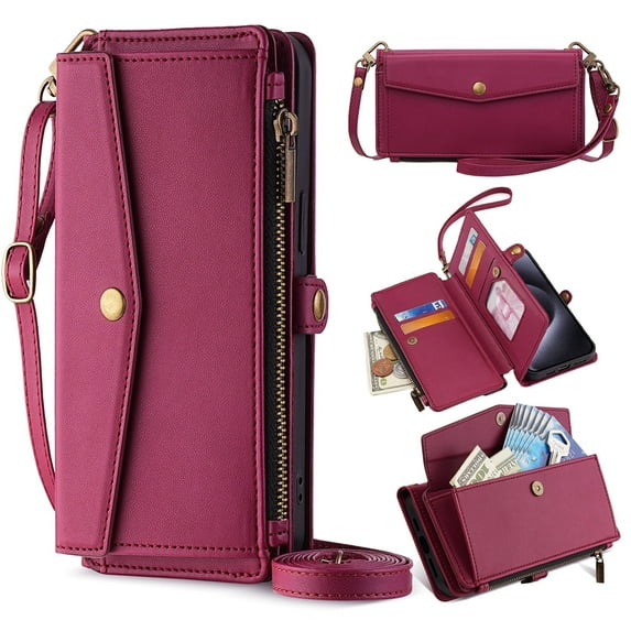 ShieldPlus Crossbody Wallet Case for iPhone 15,RFID Blocking for iPhone 15 Wallet Case for Women Men with Credit Card Holder,Zipper Pocket Magnetic Flip PU Leather Protective Cover with Lanyard,Red